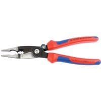 Red and blue Knipex 210mm electricians pliers with serrated jaws and wire stripping notches.
