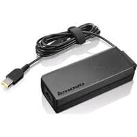 Black Lenovo 90W power adapter with rectangular shape and attached cable with yellow-tipped connector.