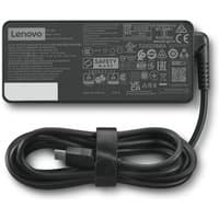 Black Lenovo 65W power adapter with attached cable and label featuring specifications and safety icons.