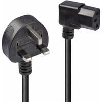Black Lindy 1m UK 3 pin plug to right angled IEC C13 mains power cable with molded connectors.