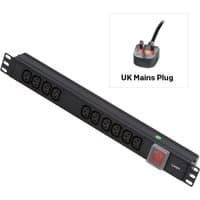 Black Lindy 1U PDU with 10 IEC sockets, horizontal design, UK mains plug, and red switch.