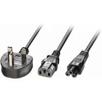 Black Lindy 2.5m cable with UK 3-pin plug, IEC C13, and IEC C5 connectors, featuring a splitter design.