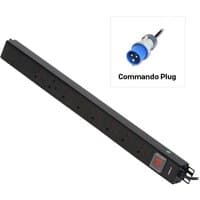 Black vertical PDU with 8 UK mains sockets and a blue Commando plug attachment.