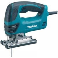 Blue Makita 4350FCT orbital jigsaw with ergonomic handle, LED light, and silver cutting blade.