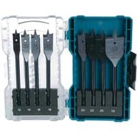 Makita 8 Piece Flat Spade Wood Drill Bit Set in blue plastic case with clear lid, sizes marked on each black bit.