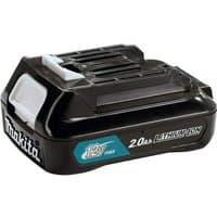 Black Makita 12V CXT 2.0Ah battery with white clip and blue label detailing lithium-ion technology.