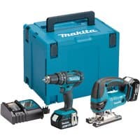 Makita cordless drill and jigsaw set with blue carrying case, battery charger, and two lithium batteries.