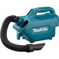 Makita teal cordless vacuum cleaner with flexible black hose and ergonomic handle, bare unit without battery.