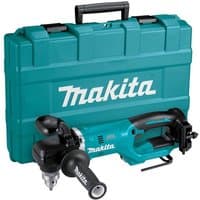 Makita teal angle drill with black handle, chuck, and side grip, shown with matching carrying case.