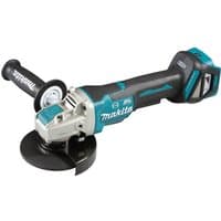 Makita cordless angle grinder, teal and black, 125mm disc, ergonomic handle, 18V LXT, bare unit.