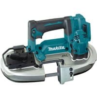 Makita DPB184Z 18V portable band saw, teal and black, ergonomic handle, compact design, metal cutting blade.