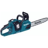 Makita cordless chainsaw, teal body, 35cm blade, dual 18V battery slots, ergonomic handle, brushless motor.