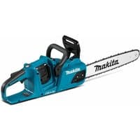 Makita blue cordless chainsaw with 40cm blade, ergonomic handle, and dual 18V battery slots.