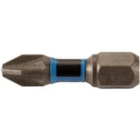 Makita E-03252 impact bit, metallic with blue and black band, hexagonal base, PZ2-25mm size.