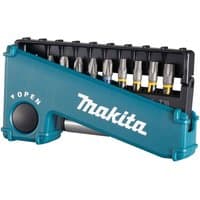 Makita E-03567 Impact Premier 11 Piece Torsion Bit Set in a teal case with visible bits and a sliding open mechanism.