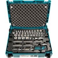 Makita E-08713 mechanics tool set in teal case with foam padding, featuring sockets, wrenches, and various hand tools.