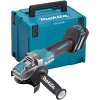 Makita 40VMAX XGT angle grinder, teal and black, with disc, ergonomic handle, and MakPac carrying case.
