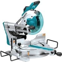 Makita LS1019L 260mm sliding compound mitre saw in teal and silver with laser guide and ergonomic handle.