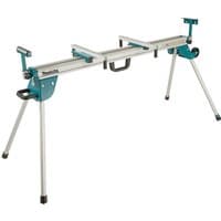 Blue and silver Makita mitre saw stand with four legs, adjustable arms, and a central carrying handle.