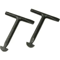 Black steel T-shaped manhole key pair with hooked ends and textured grip handles.