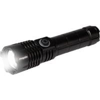 Black Maplin LED torch with ribbed grip, USB-C port, and four lighting modes, featuring a prominent side button.