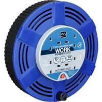 Blue and black Masterplug 4 socket extension reel with thermal cut out, circular design, and 240v power rating.