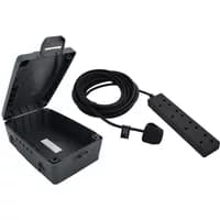Black Masterplug weatherproof enclosure with open lid, four-socket power strip, and long black cable.