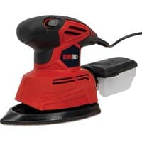 Red and black Olympia MS130 multi sander with ergonomic grip and dust collection box.