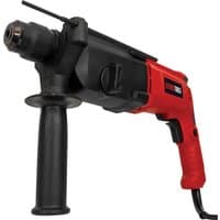 Red and black Olympia RH800 SDS Plus rotary hammer drill with side handle and depth gauge.