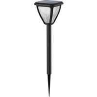 Black Philips Vapora pedestal light with solar panel top and clear textured lens on a slender stake.