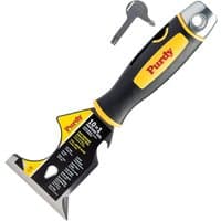 Purdy 10-in-1 painters multi-tool with black and yellow handle, stainless steel blade, and integrated hammer end.