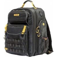 Black Purdy backpack with yellow accents, multiple compartments, front webbing, side pockets, and top handle.