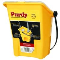 Yellow Purdy Paint Pail with black handle, brush holder, and labeled instructions on the front.