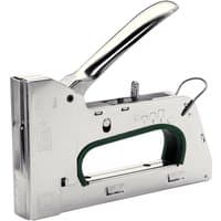 Steel Rapid R34E staple gun with chrome finish, ergonomic handle, and green grip accent.