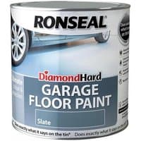 Ronseal Diamond Hard Garage Floor Paint can, slate color, 2.5L, with car image and product details on label.