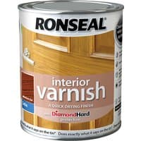 Ronseal interior varnish can, quick dry satin finish, medium oak color, 250ml, with wood door image on label.