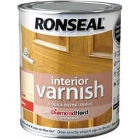 Ronseal Interior Varnish can, quick dry gloss clear, 750ml, with wood door image and DiamondHard protection label.