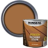 Ronseal Quick Drying Decking Stain, Rich Mahogany, 2.5L tin with wood texture design and color sample on lid.