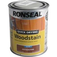 Ronseal Quick Dry Satin Woodstain can with yellow label and antique pine color swatch.