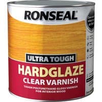 Ronseal Ultra Tough Hardglaze Clear Varnish can with red label and wood texture design.