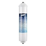 Samsung DA29-10105J inline water filter, white cylindrical body, blue label with text, black connectors.