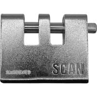 Silver Scan armoured twin slot shutter padlock with rectangular shape and embossed logo.