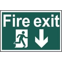 Green and white fire exit sign with running man icon and downward arrow.