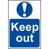 Blue and white Scan Keep Out sign with exclamation mark symbol above bold "Keep out" text.