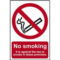 No Smoking sign by Scan with red circle and slash over cigarette, text stating it's against the law to smoke here.