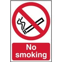 "Rectangular Scan PVC self-adhesive sign with red no smoking symbol and bold red 'No smoking' text below."