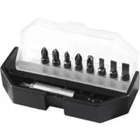 Black and silver Stanley screwdriver bit set with 10 pieces in a clear plastic case.