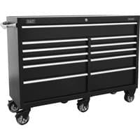 Black Sealey 11 drawer tool roller cabinet with heavy-duty casters and side handle.