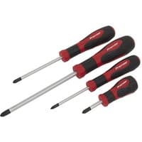 Sealey 4pc JIS screwdriver set with red and black ergonomic handles and silver shafts, various sizes.