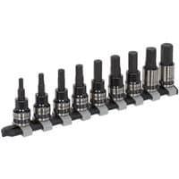 Sealey 9 Piece 3/8 Drive Hex Socket Bit Set, black and silver, arranged in a row on a gray holder.